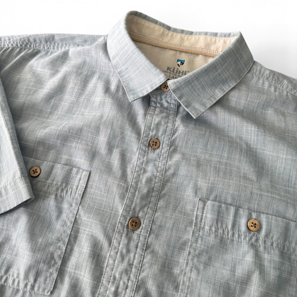 KUHL Button Up Shirt Men L Heather Blue Short Sleeve Woven Crosshatch Outdoor